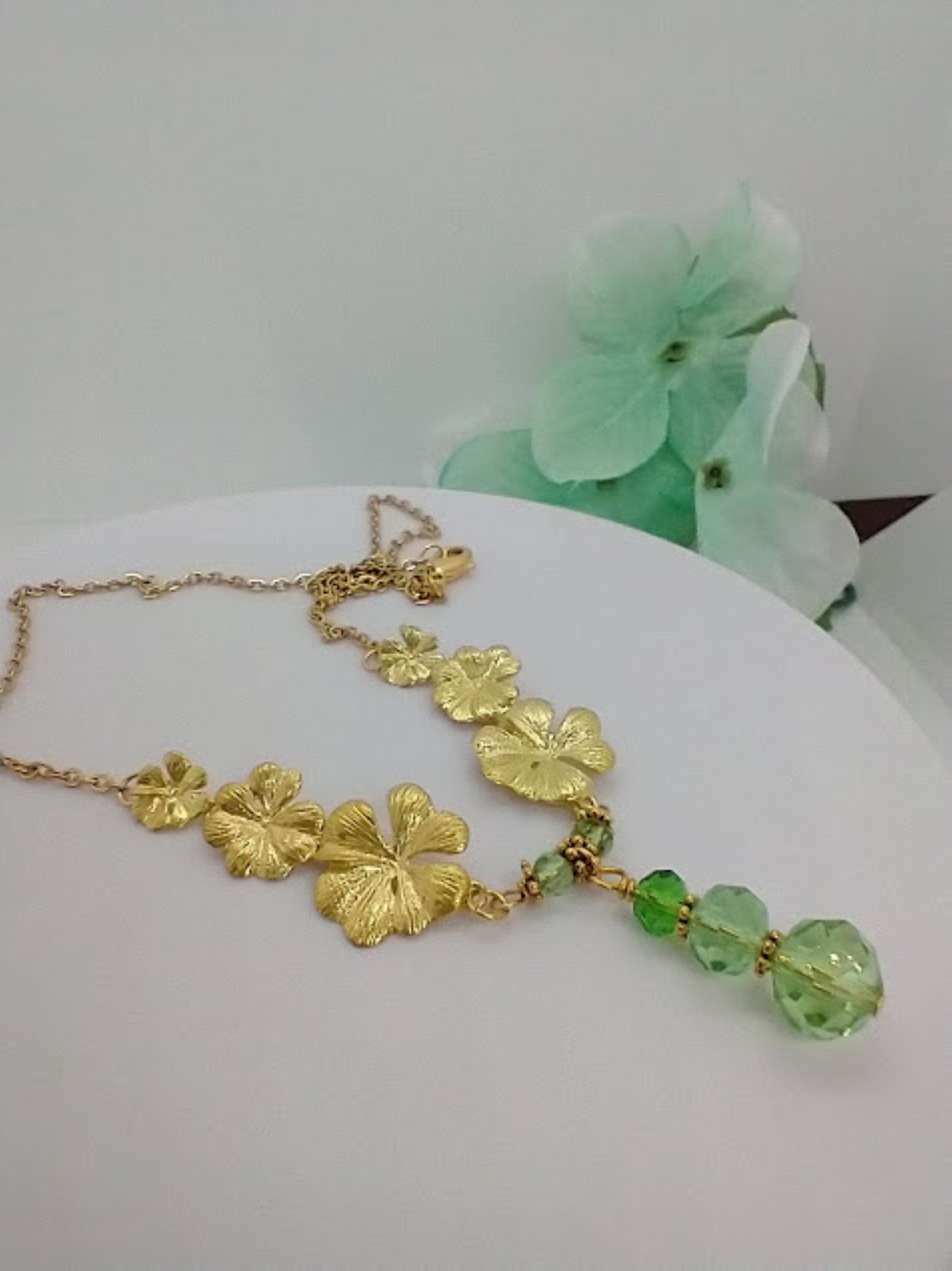 Gold Plumeria Flower Necklace: Green Glass Bridal Chain
