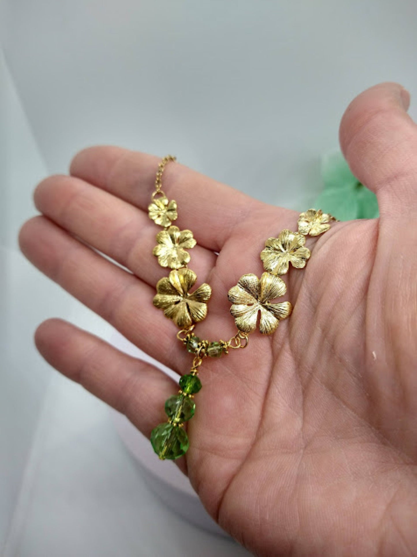 Gold Plumeria Flower Necklace: Green Glass Bridal Chain