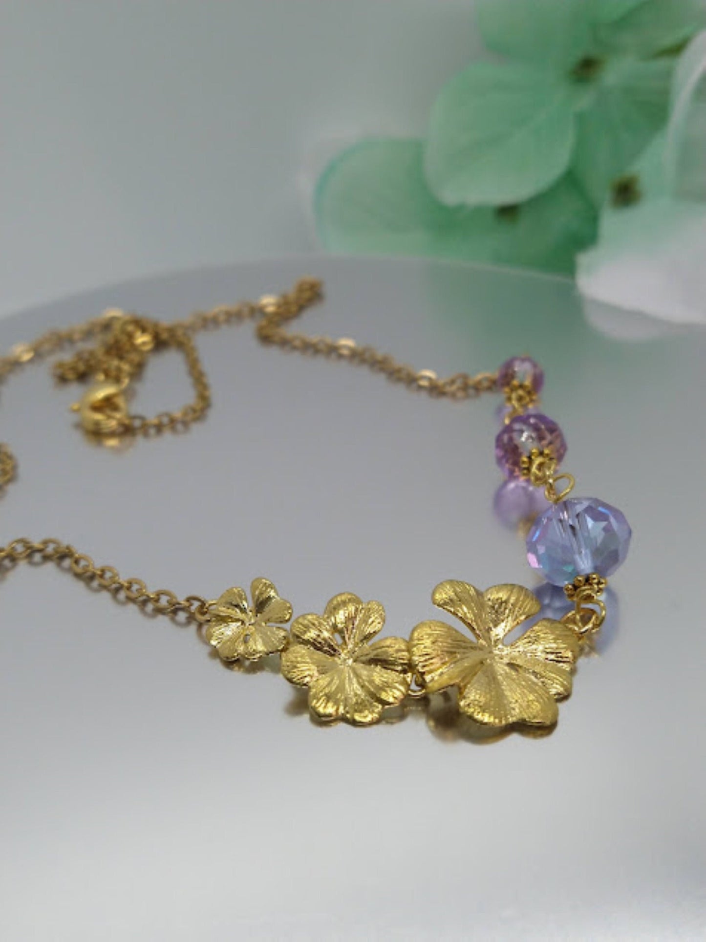 24kt Floral Necklace Gold Flower Chain Minimalist Jewelry Bridal Necklace Gift For Her Christmas Gift