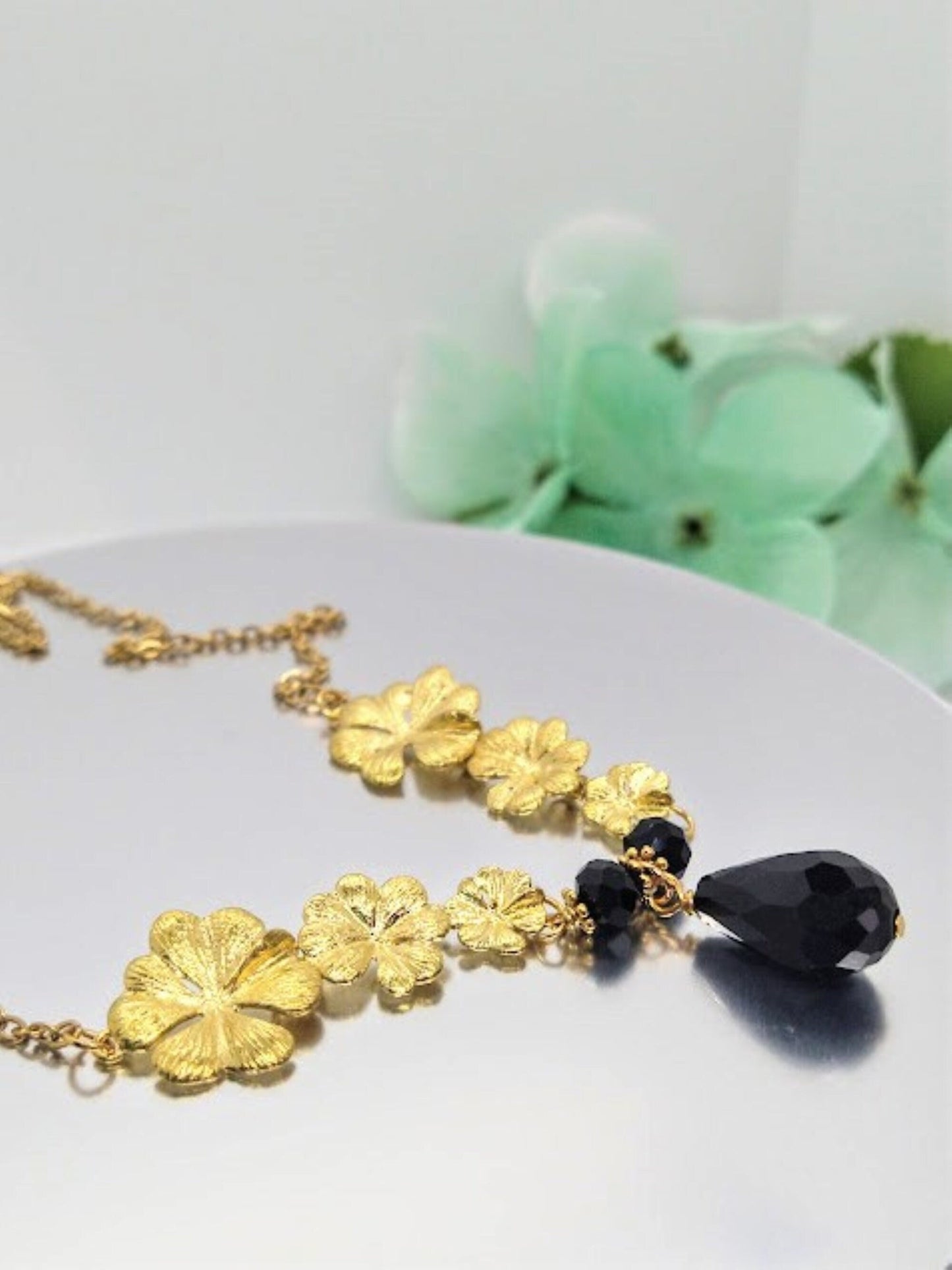 Gold Plumeria Flower Necklace: Black Onyx Gemstone Bridal Jewelry