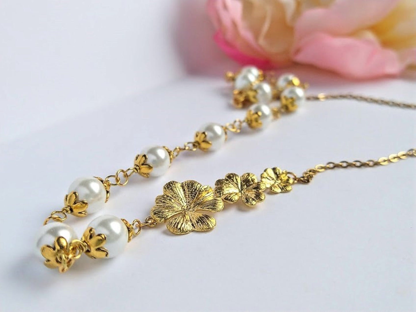Gold Plumeria Flower Necklace: Pearl Bridal Jewelry