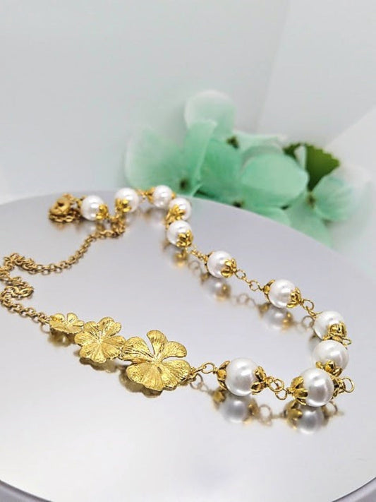 Gold Plumeria Flower Necklace: Pearl Bridal Jewelry