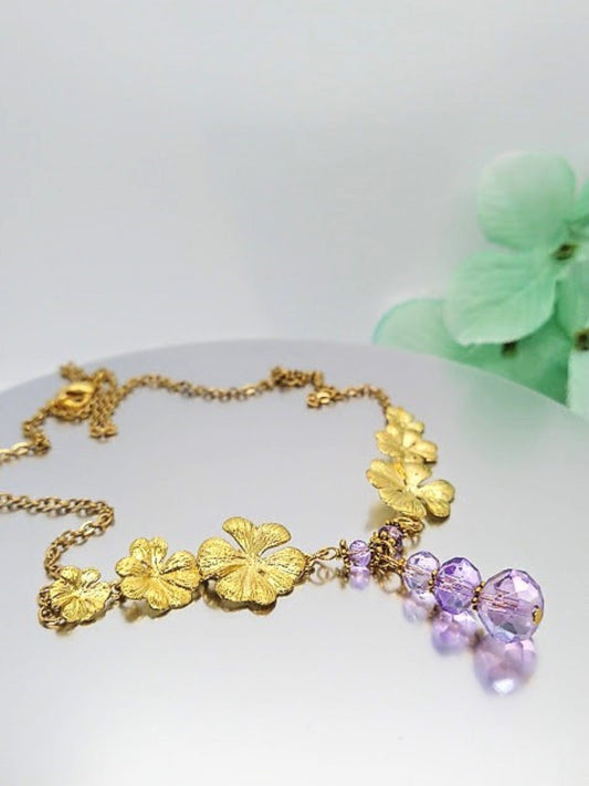 Gold Plumeria Flower Necklace with Amethyst Gemstone Crystals