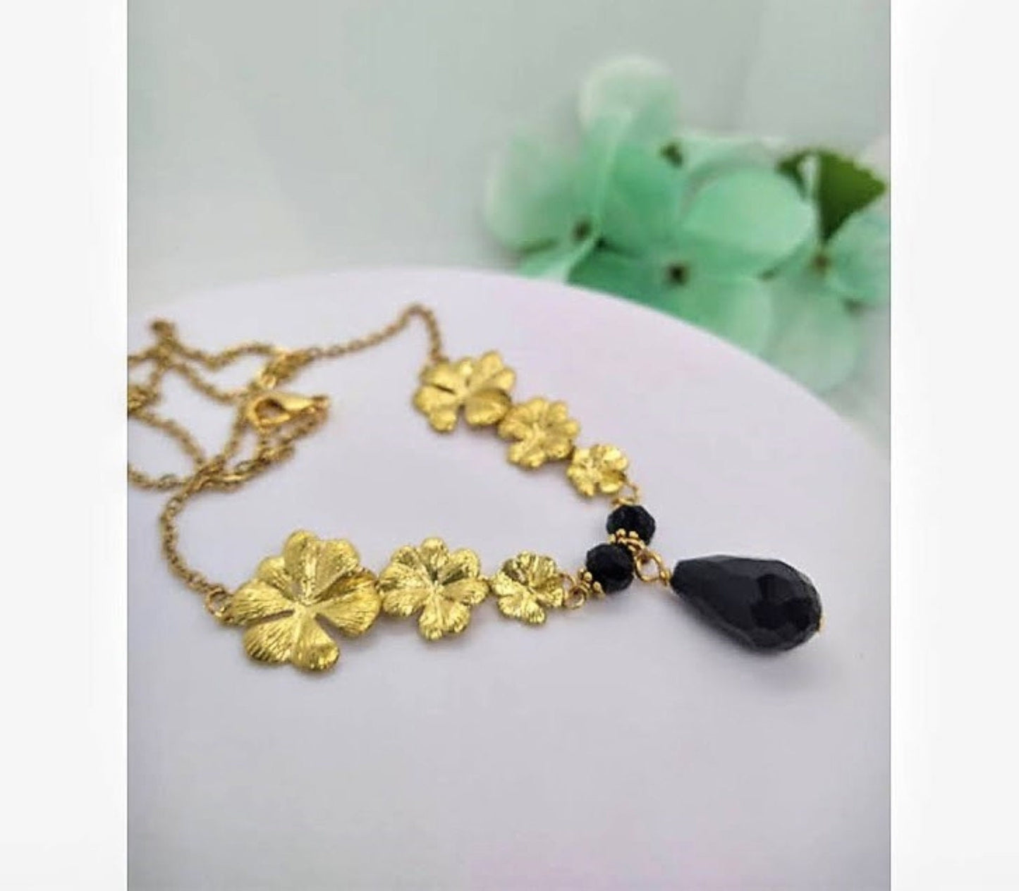 Gold Plumeria Flower Necklace: Black Onyx Gemstone Bridal Jewelry