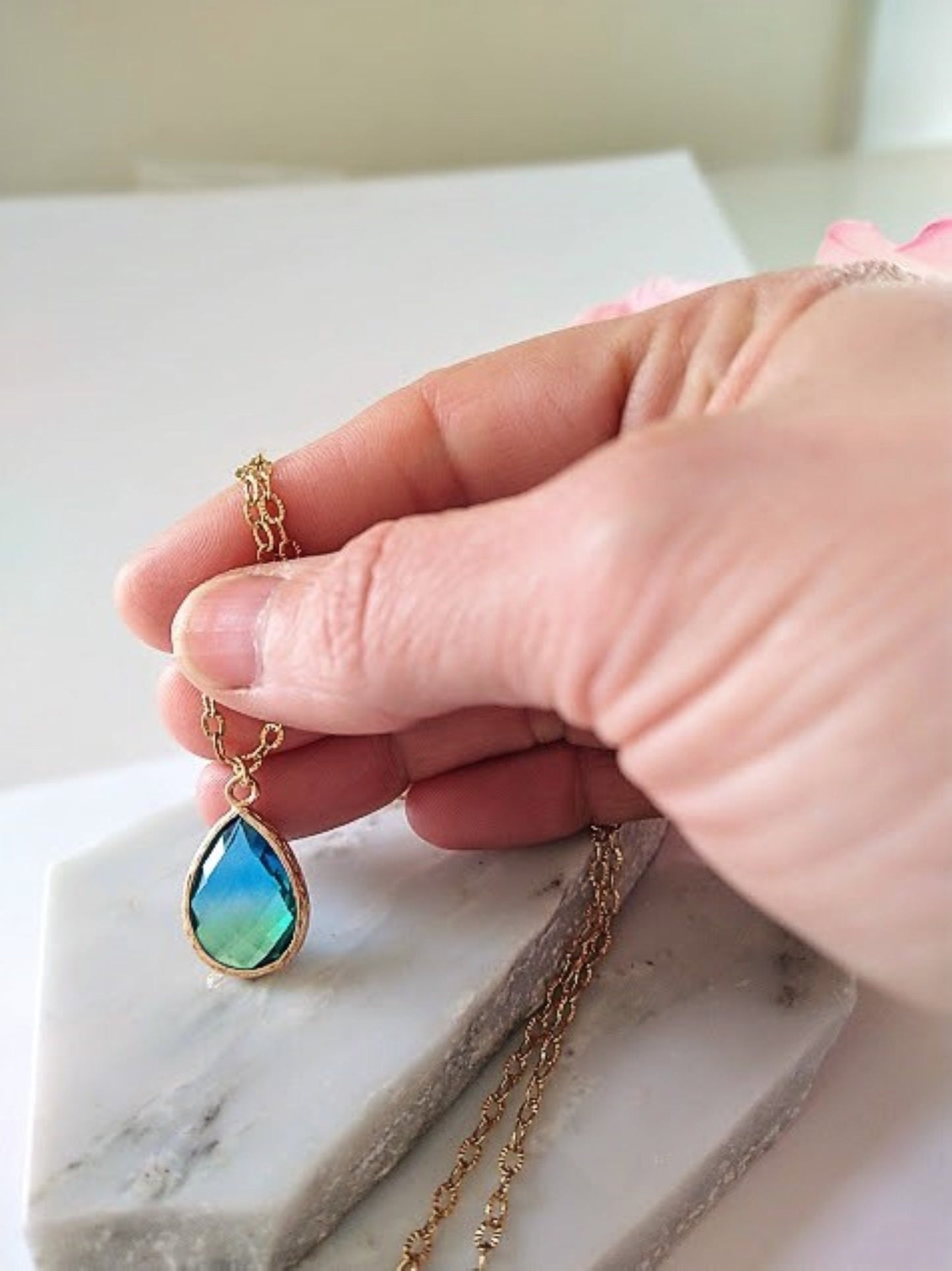 Teardrop Necklace: 14k Gold Plated Glass Pendant