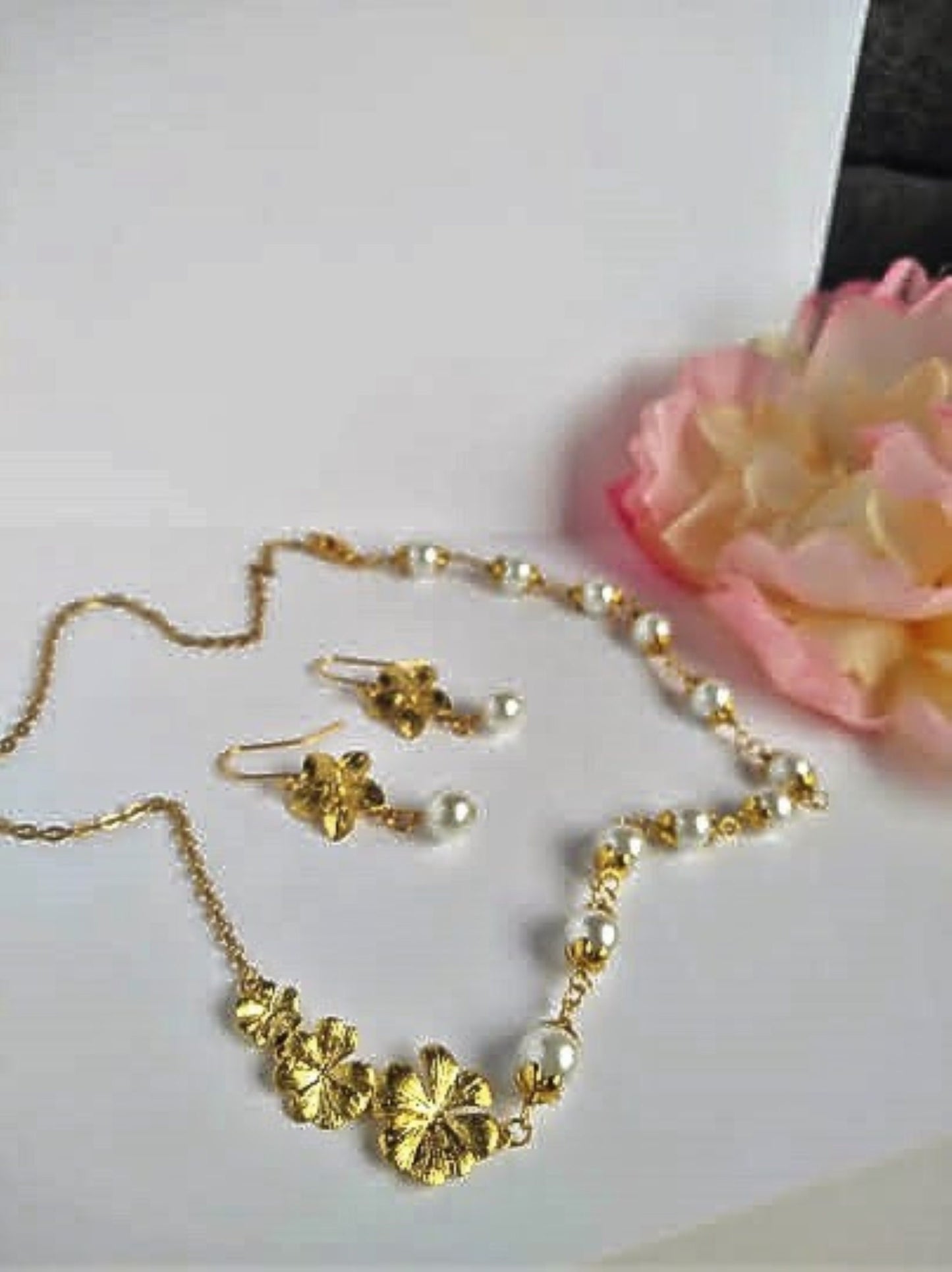 Gold Plumeria Flower Necklace: Pearl Bridal Jewelry
