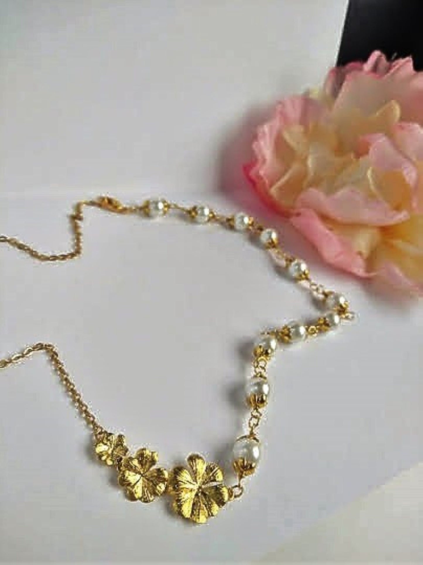 Gold Plumeria Flower Necklace: Pearl Bridal Jewelry