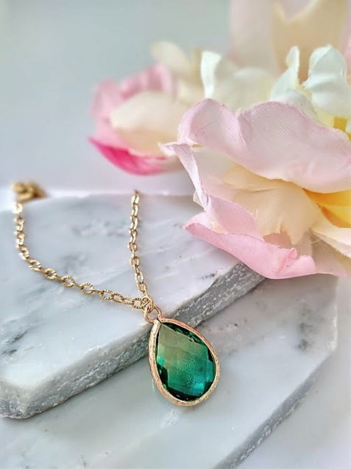 Teardrop Necklace: 14k Gold Plated Green Glass Pendant