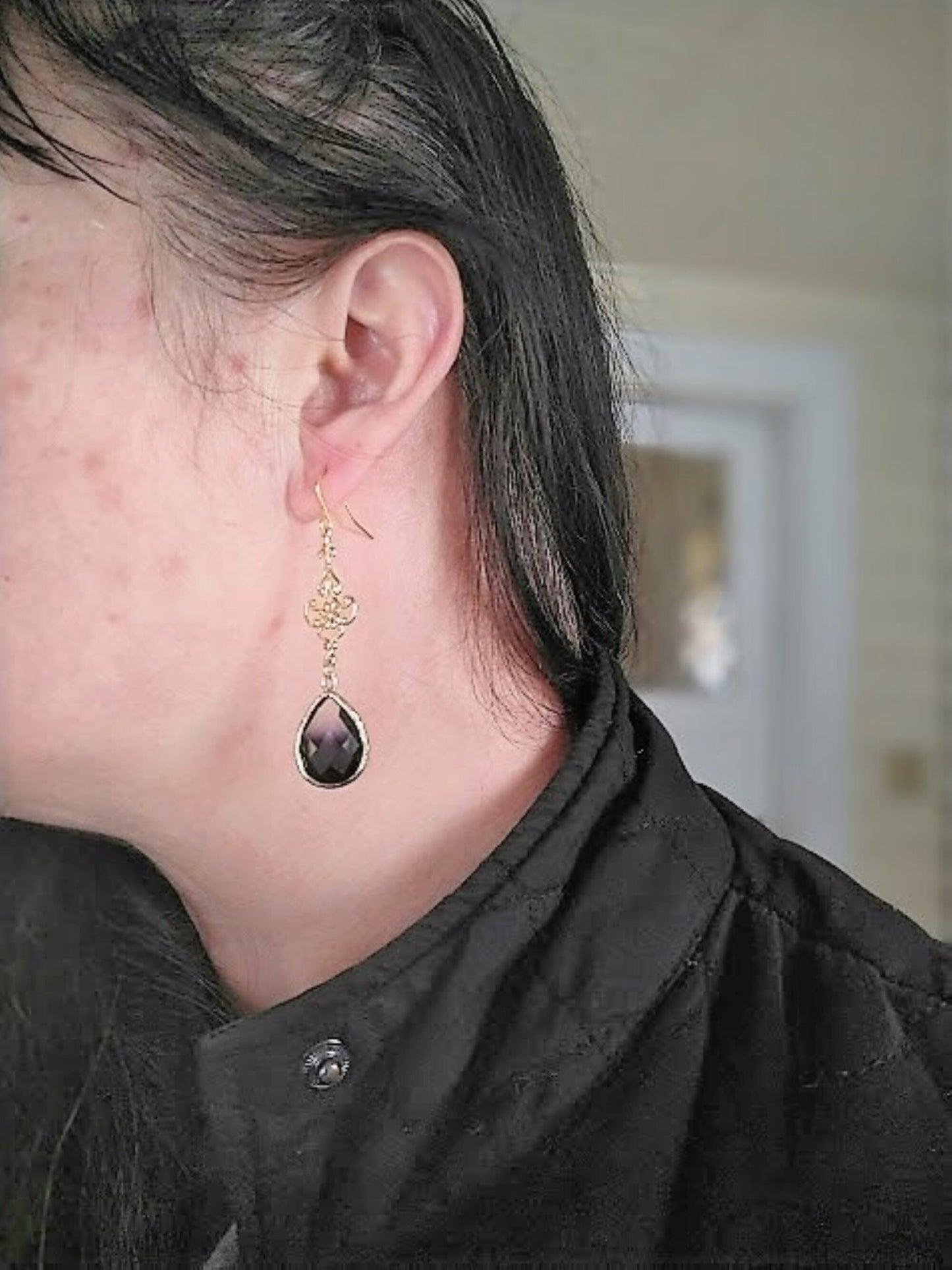 Teardrop Dangle Earrings dainty Black Drops 24kt Gold Jewelry