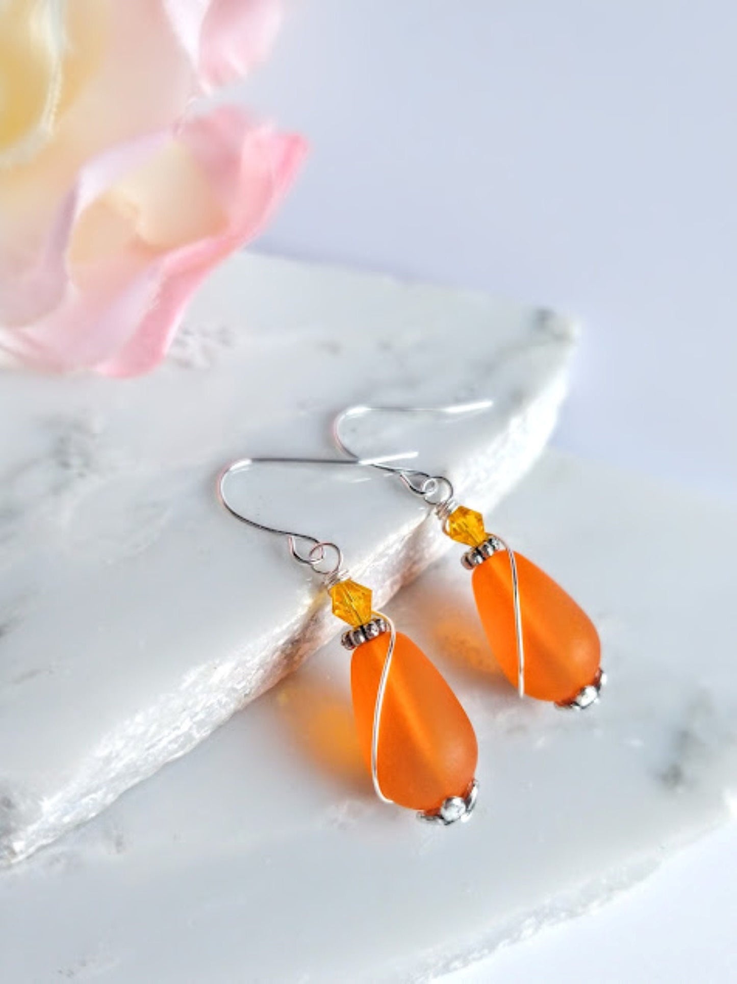 Orange Sea Glass Necklace, Wire Wrap Jewelry Birthday Gifts Tear Drop Dangle Pendant Eco & Allergy Free Beachy Jewelry