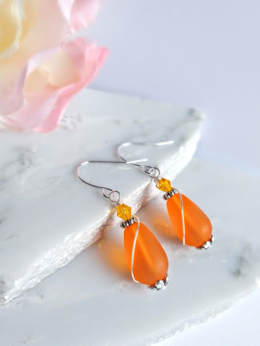 Orange Sea Glass Teardrop Earrings: Sterling Silver Dangle Earrings
