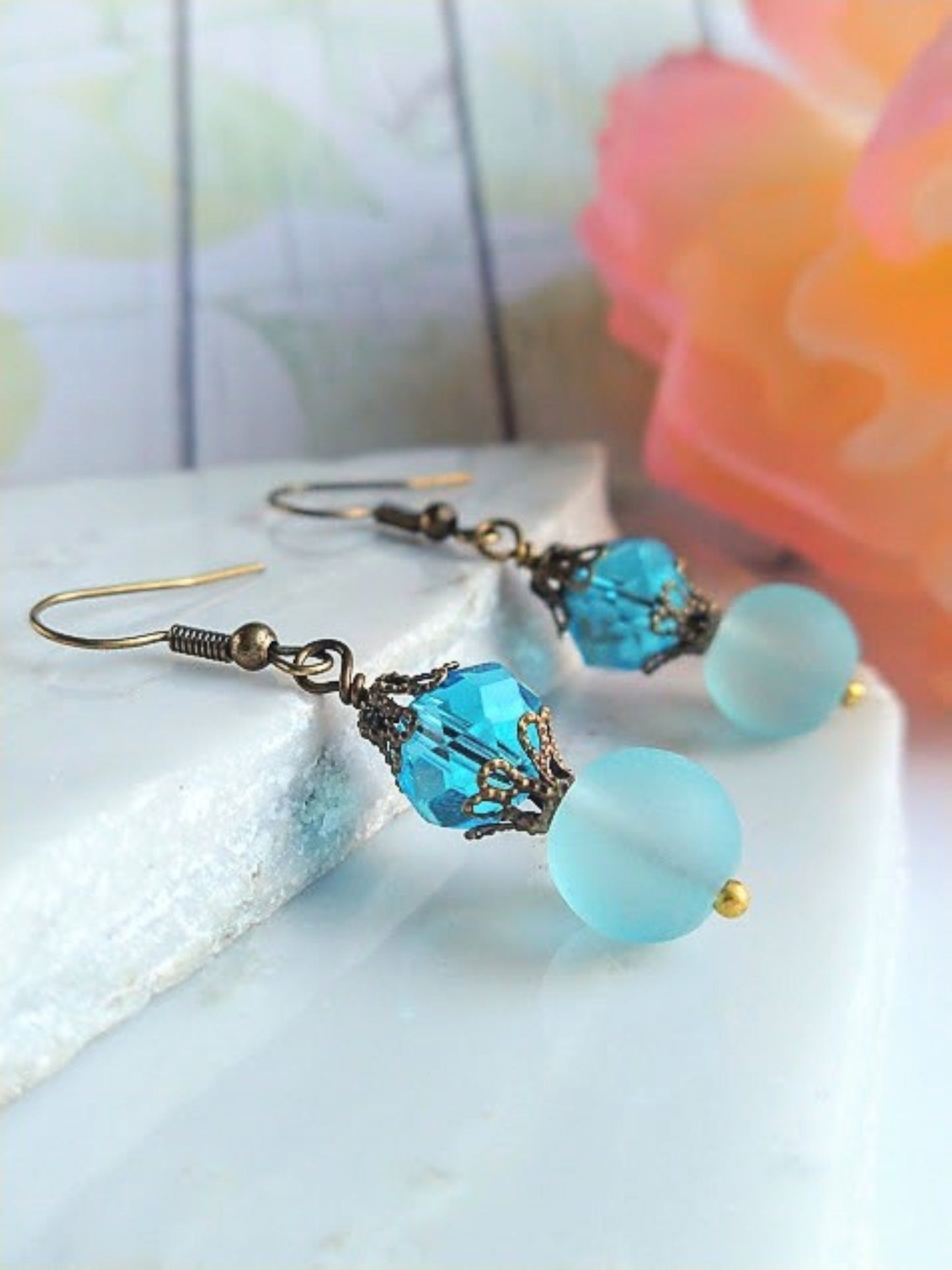 Blue Sea Glass Dangle Earrings: Brass Accent Jewelry