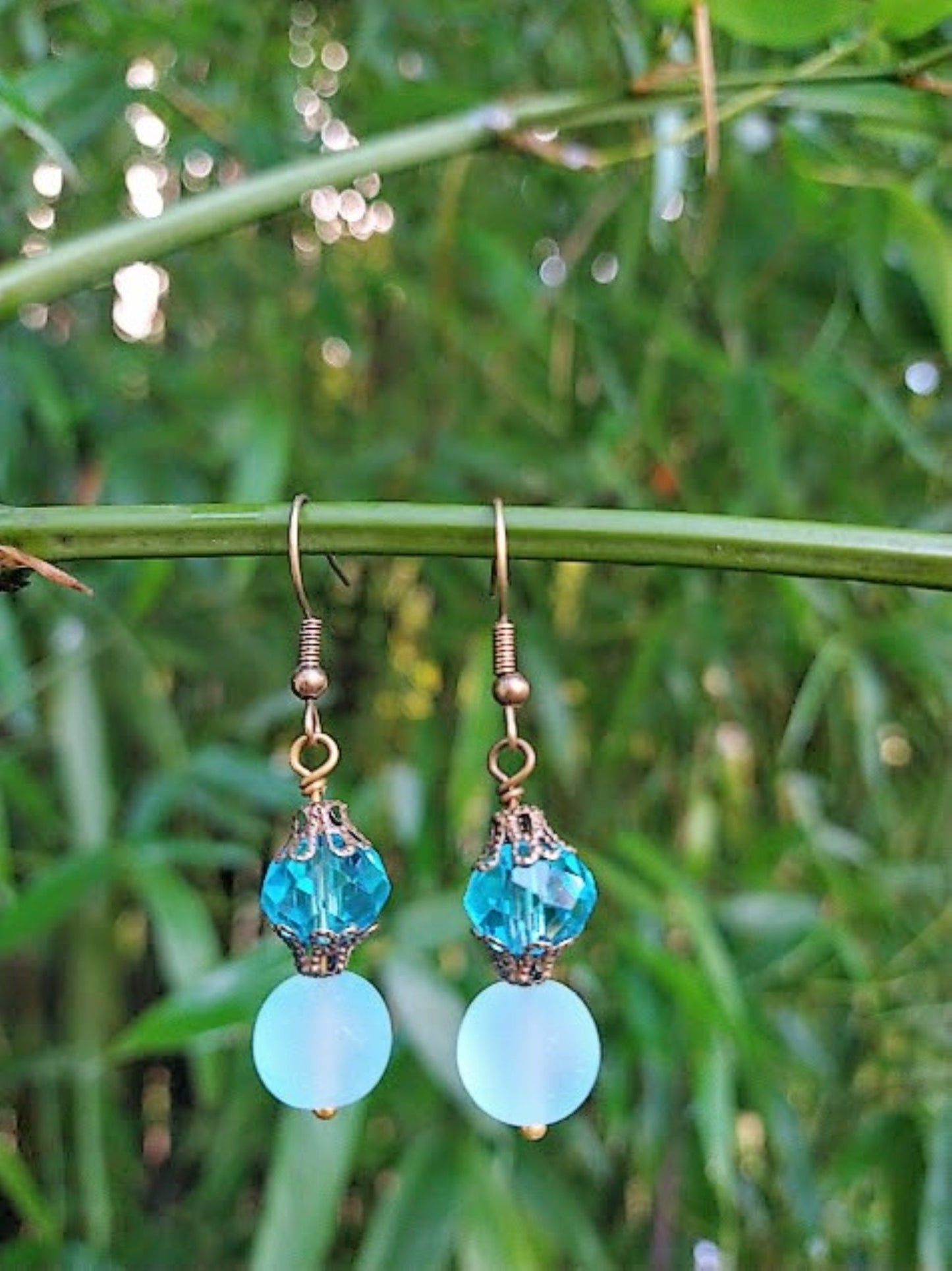 Blue Sea Glass Dangle Earrings: Brass Antique Style Drop Earrings