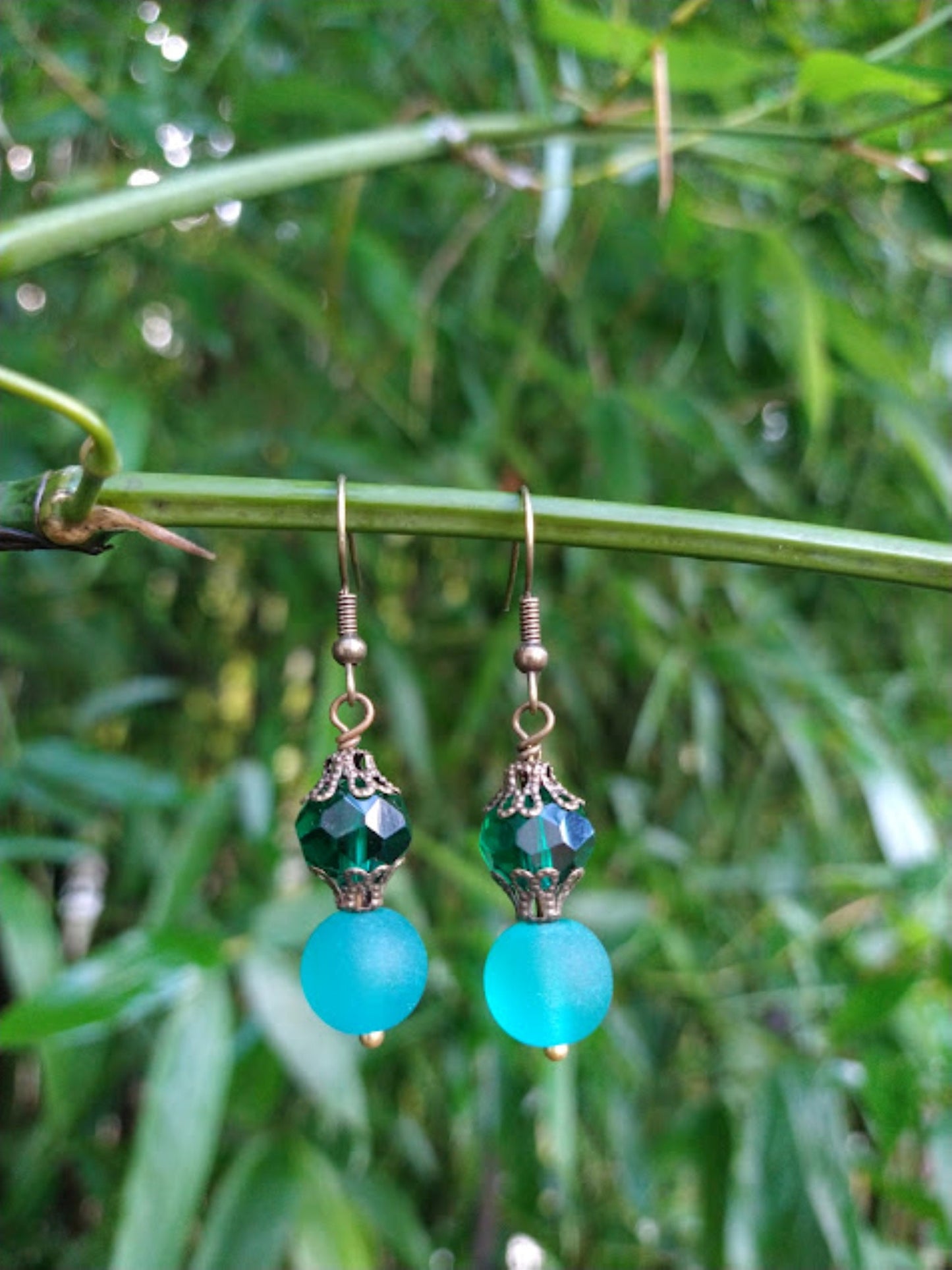 Teal Sea Glass Dangle Earrings: Brass Victorian Style