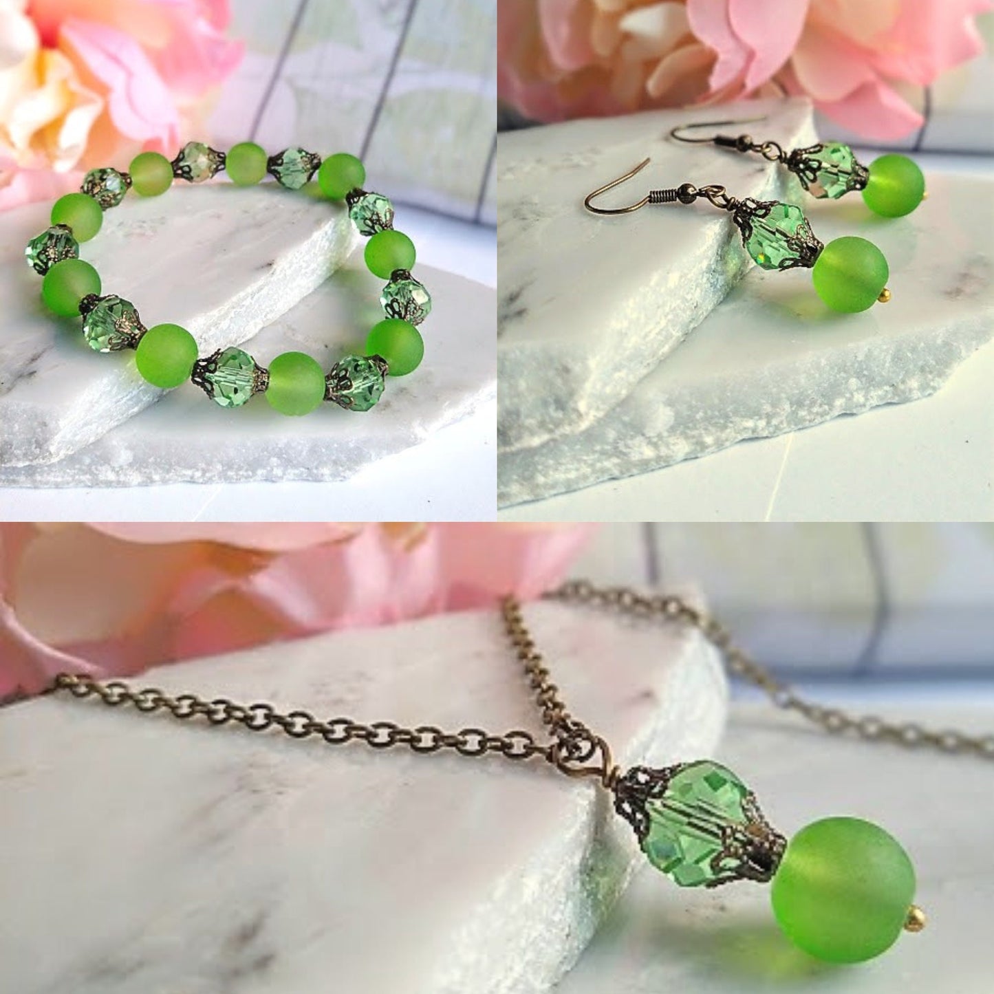 Green Sea Glass Dangle Earrings: Victorian Style Brass