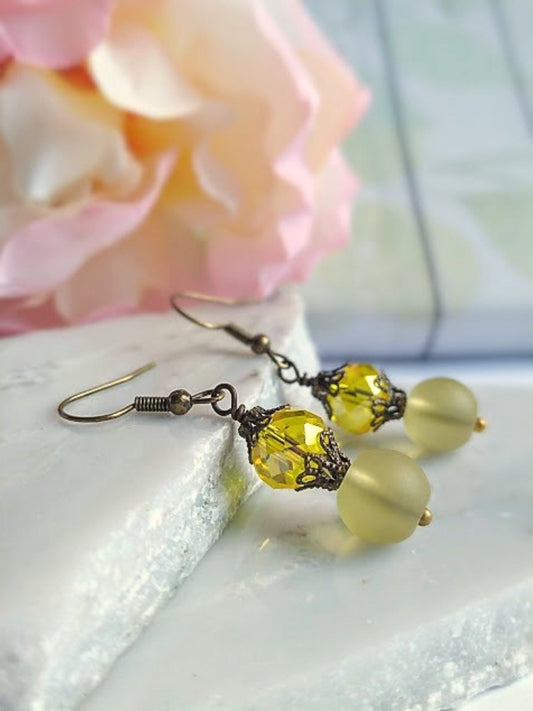 Yellow Sea Glass Dangle Earrings: Brass Victorian Style