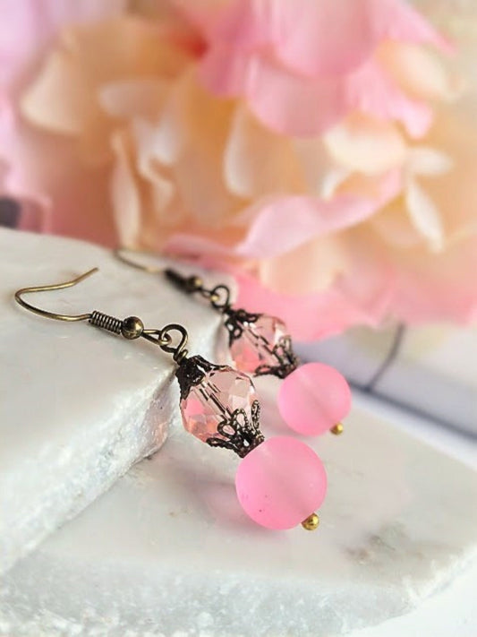 Minimalist Pink Gemstone Dangle Earrings Set with Stretch Bracelet and Chain Necklace Gift For Her