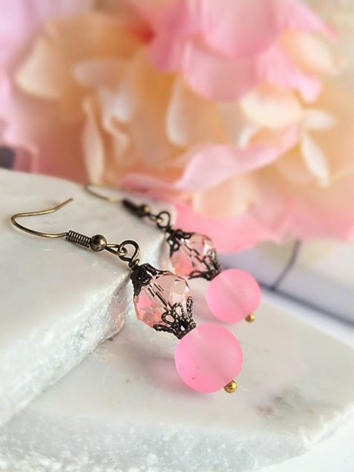 Pink Sea Glass Stretch Bracelet: Antique Brass Bridal Jewelry