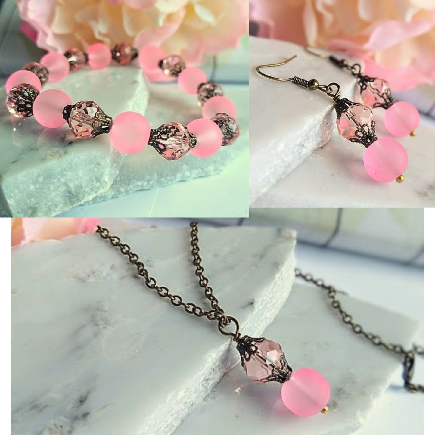 Pink Sea Glass Stretch Bracelet: Antique Brass Bridal Jewelry