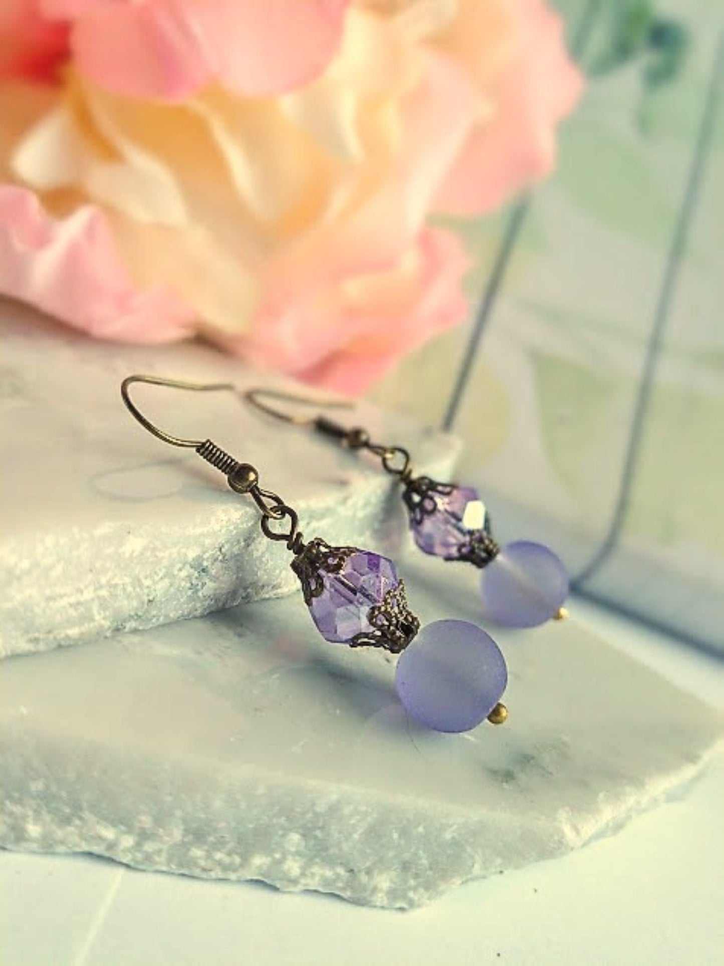 Purple Sea Glass Necklace: Dainty Brass Chain, Frosted Bead Pendant