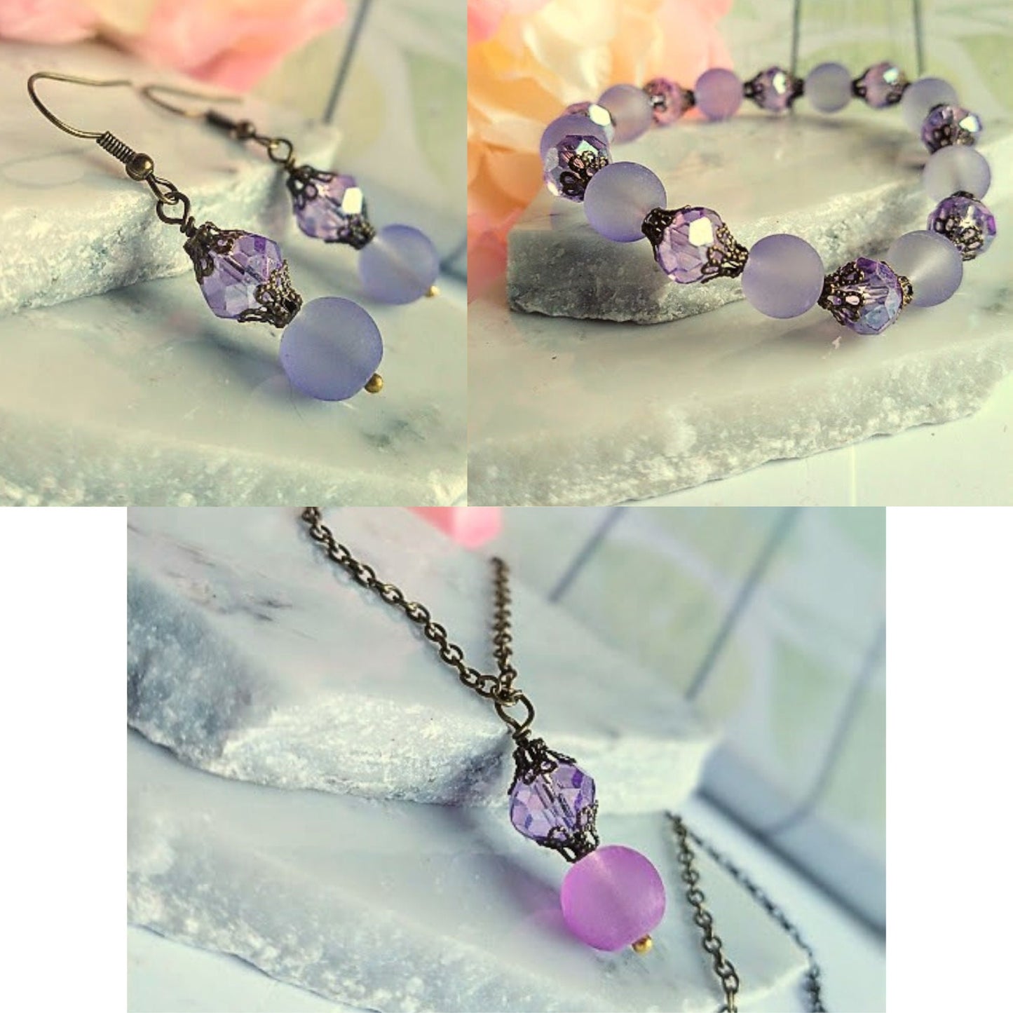 Purple Sea Glass Necklace: Dainty Brass Chain, Frosted Bead Pendant