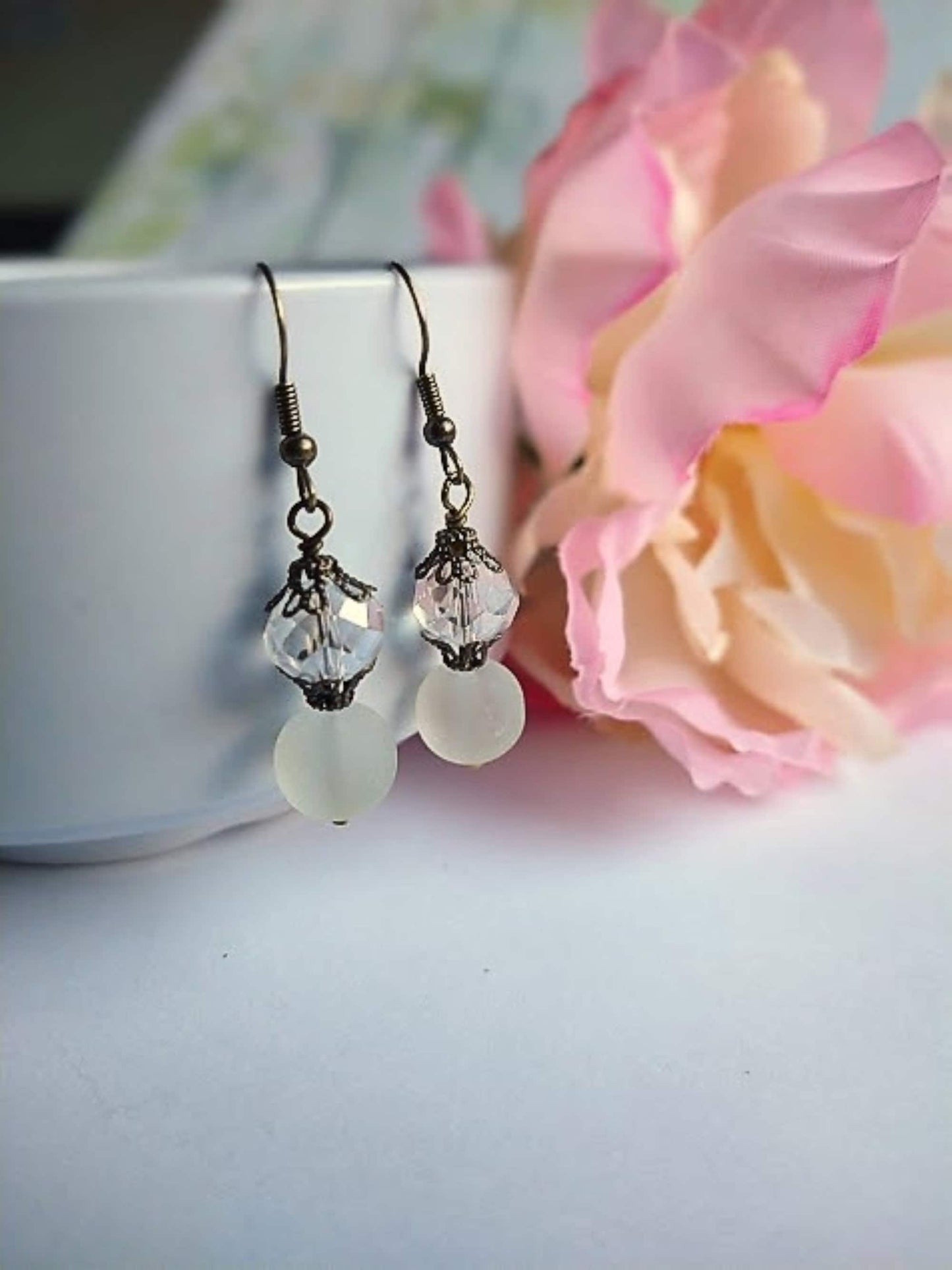 White Sea Glass Pendant Necklace: Dainty Brass Chain