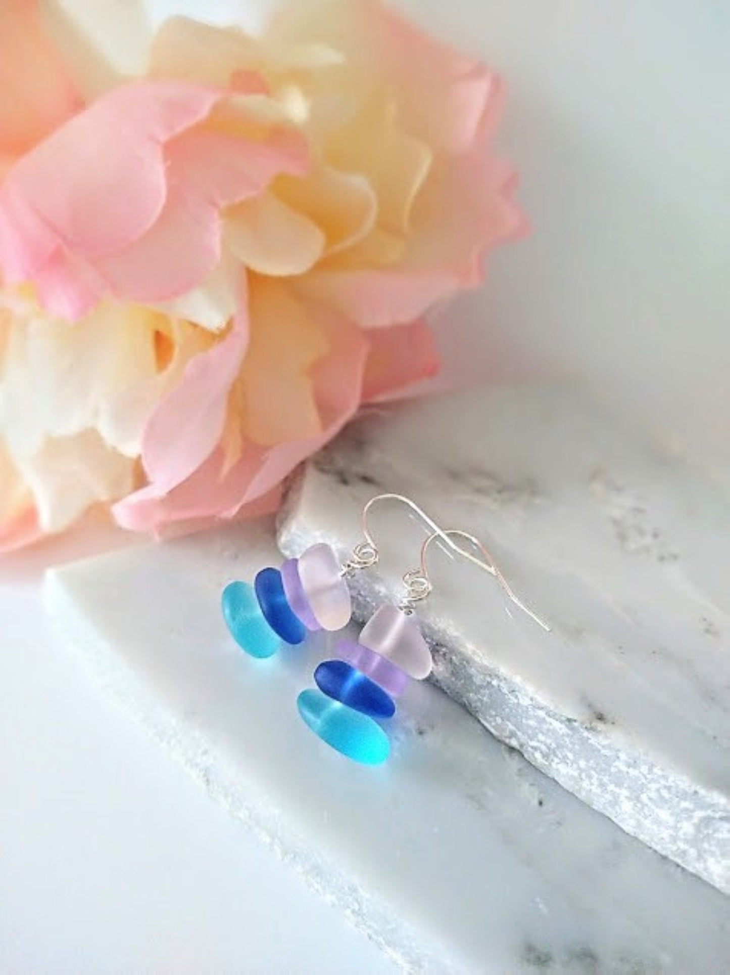 Multicolor Pebble Shaped Frosted Sea Glass Silver Ladies Dangle Earrings  Seaglass Beach Jewelry Beach Wedding Gift For Her Christmas Gift
