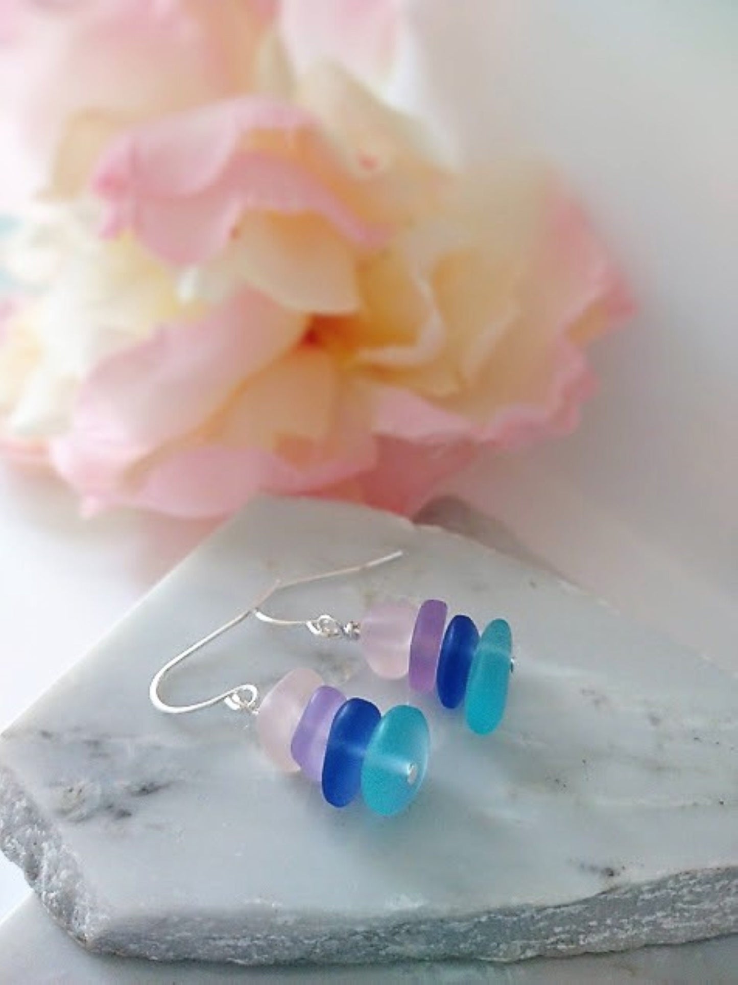 Multicolor Pebble Shaped Frosted Sea Glass Silver Ladies Dangle Earrings  Seaglass Beach Jewelry Beach Wedding Gift For Her Christmas Gift
