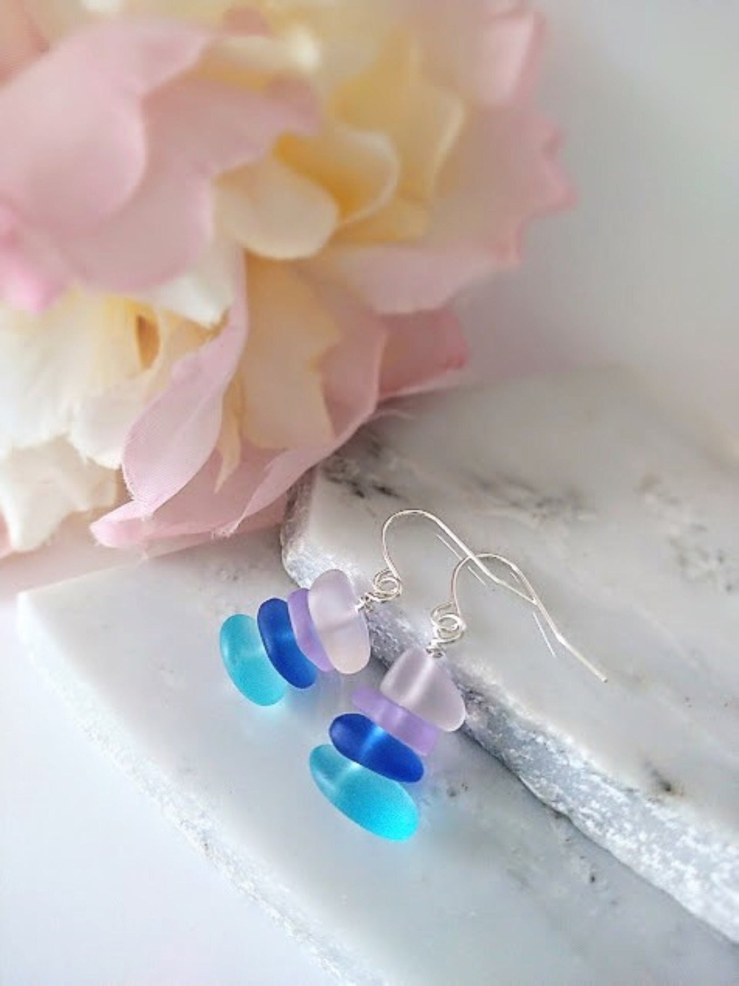Multicolor Pebble Shaped Frosted Sea Glass Silver Ladies Dangle Earrings  Seaglass Beach Jewelry Beach Wedding Gift For Her Christmas Gift