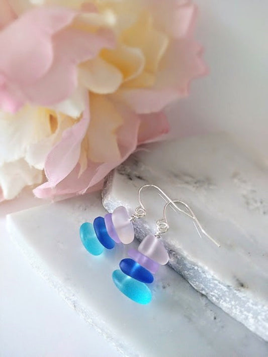 Multicolor Pebble Shaped Frosted Sea Glass Silver Ladies Dangle Earrings  Seaglass Beach Jewelry Beach Wedding Gift For Her Christmas Gift