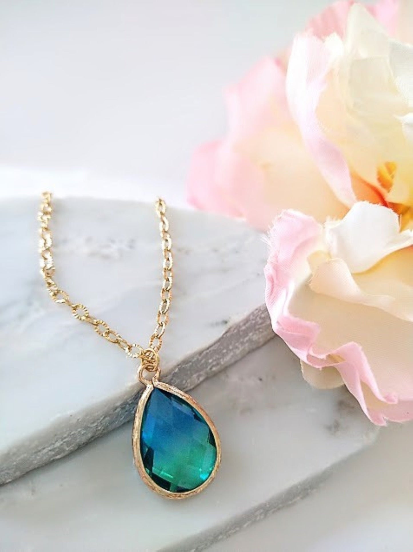 Teardrop Necklace: 14k Gold Plated Glass Pendant