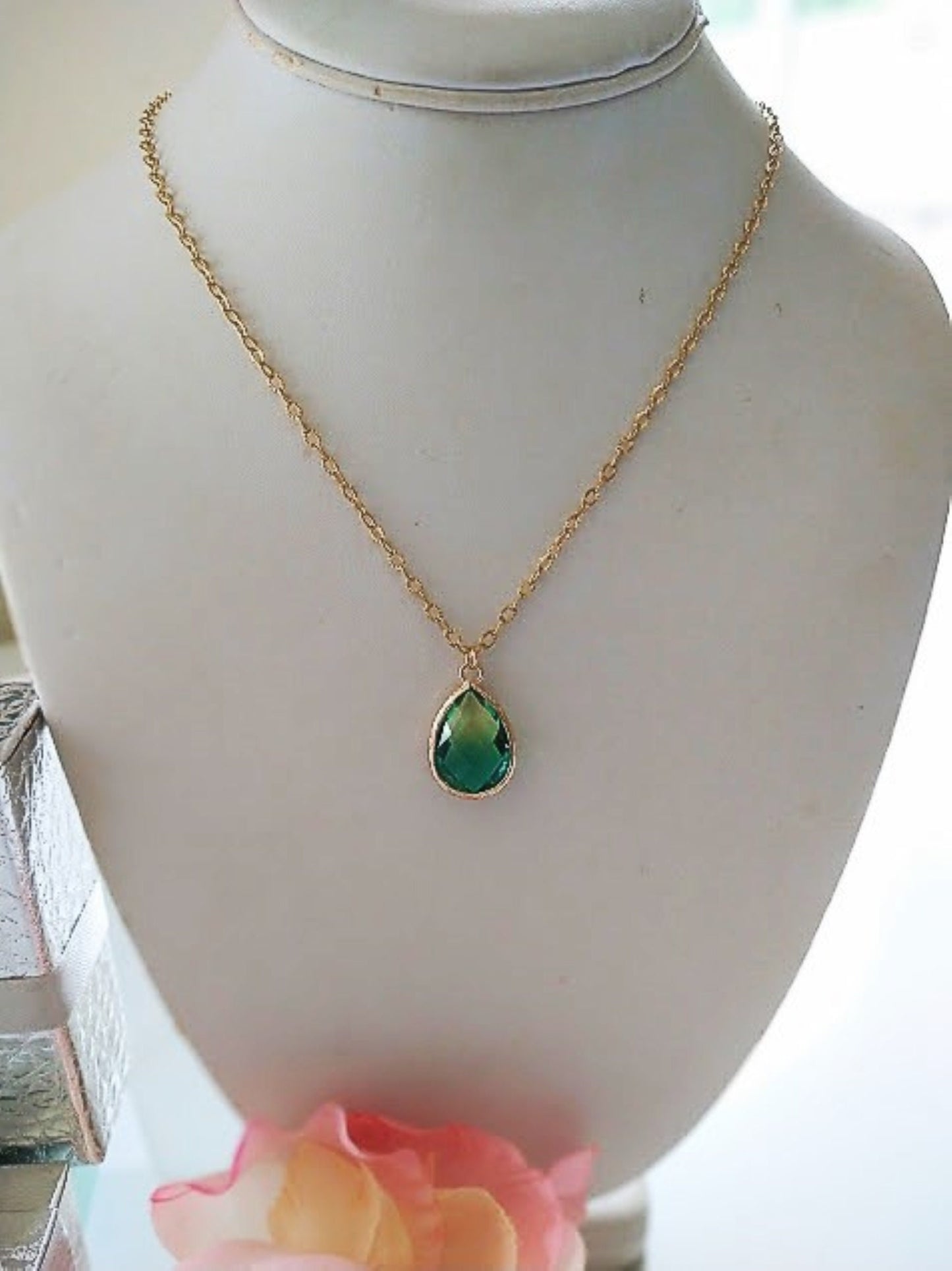 Teardrop Necklace: 14k Gold Plated Green Glass Pendant