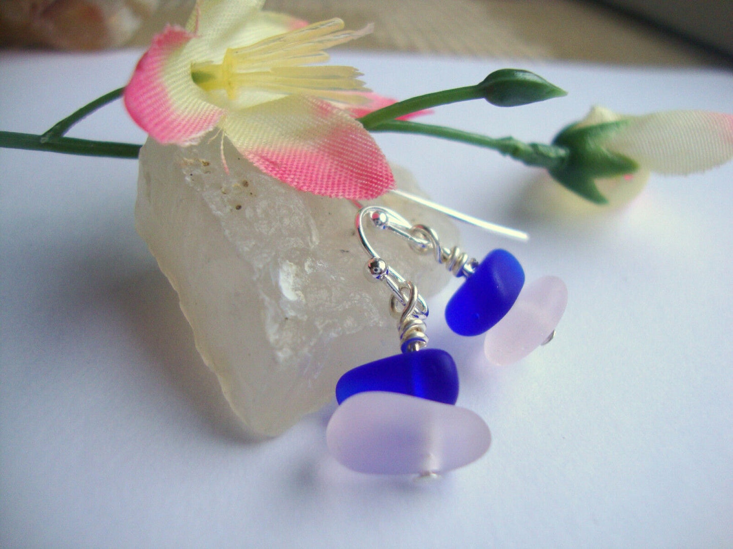 Blue & Pink Frosted Sea Glass Dangle Earrings: Sterling Silver Beach Jewelry