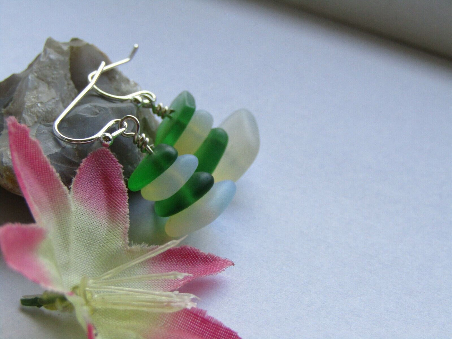 Frosted Sea Glass Dangle Earrings: Green Pebble Sterling Silver