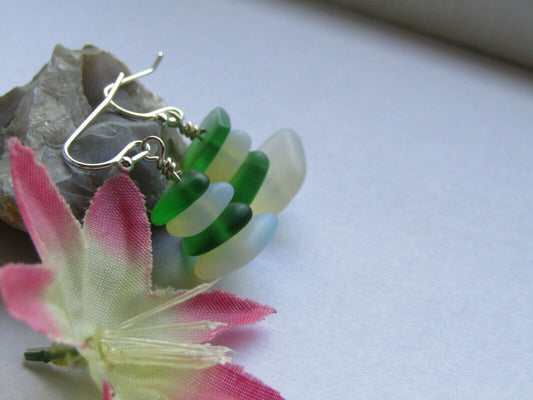 Frosted Sea Glass Dangle Earrings: Green Pebble Sterling Silver