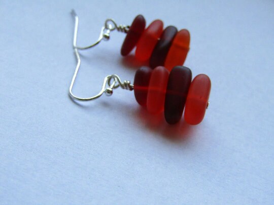 Red Sea Glass Earrings: Sterling Silver Dangle Earrings