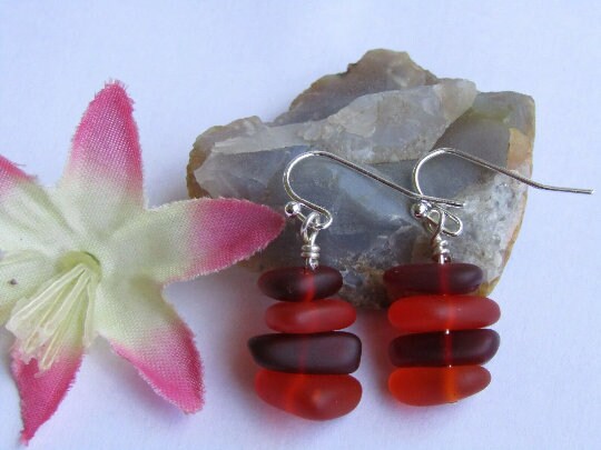 Red Sea Glass Earrings: Sterling Silver Dangle Earrings