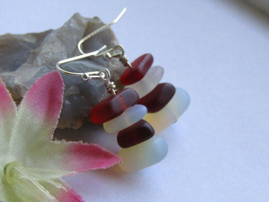 Red Opal Sea Glass Earrings: Sterling Silver Dangle Beach Jewelry