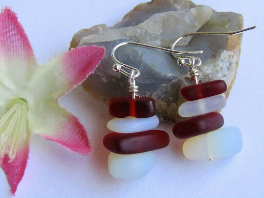 Red Opal Sea Glass Earrings: Sterling Silver Dangle Beach Jewelry