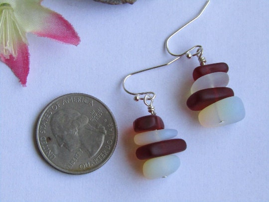 Red Opal Sea Glass Earrings: Sterling Silver Dangle Beach Jewelry
