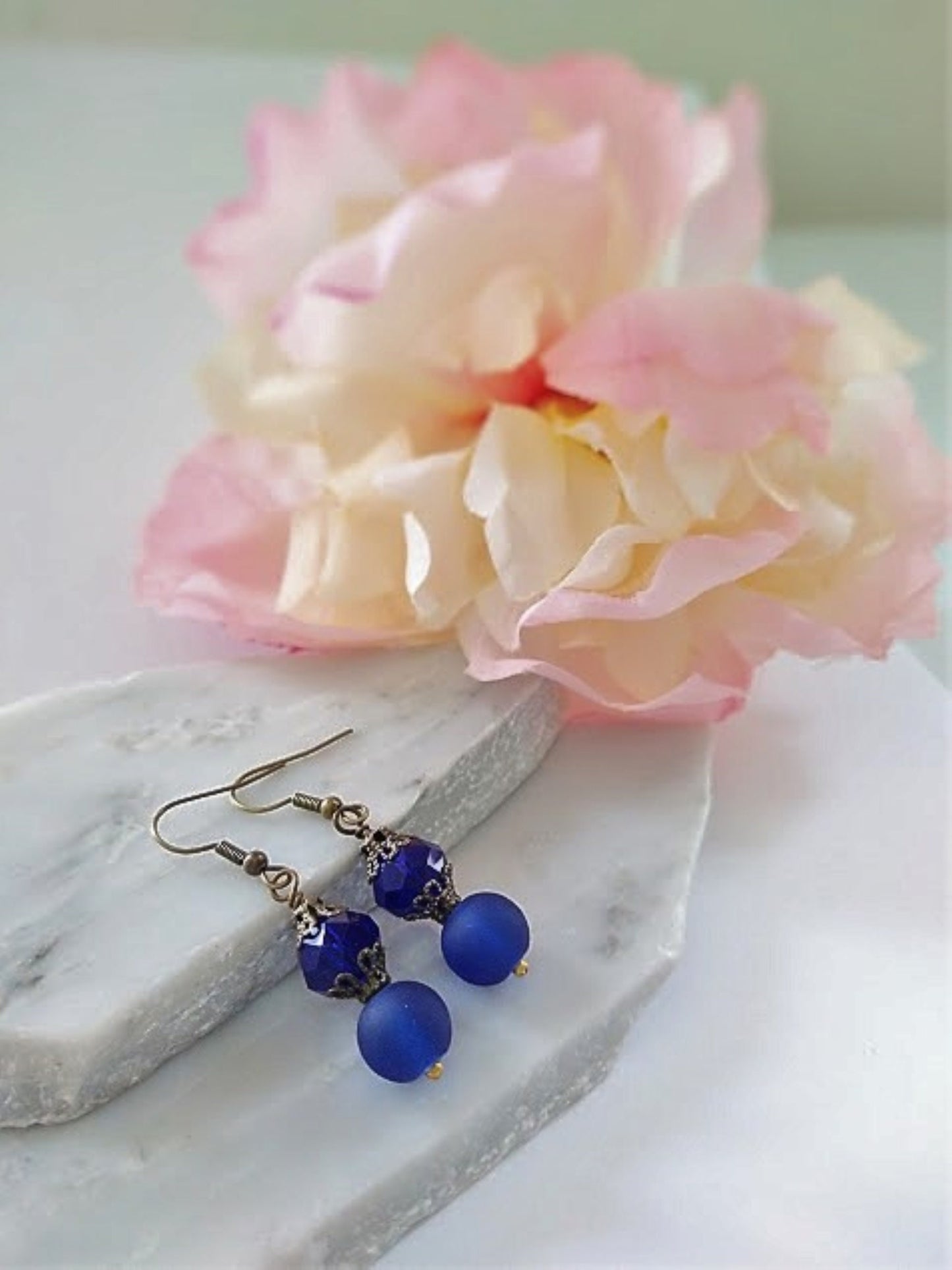 Cobalt Blue Frosted Sea Glass Dangle Earrings, Brass Bead Caps