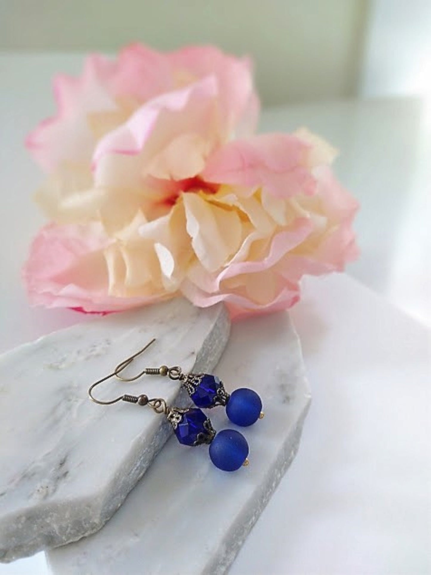 Cobalt Blue Frosted Sea Glass Dangle Earrings, Brass Bead Caps