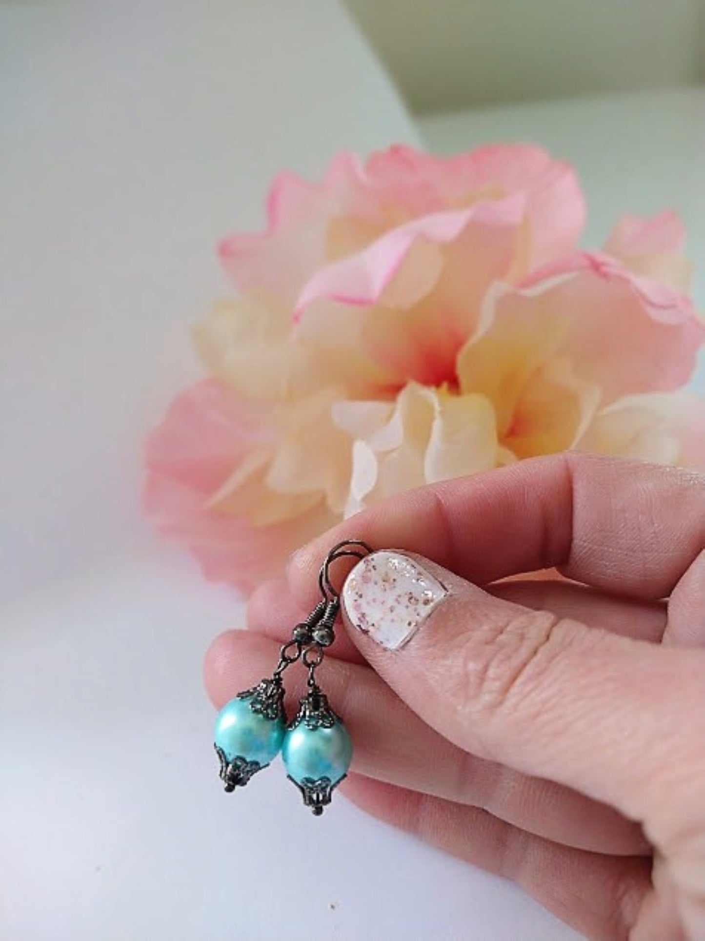 Light Blue Pearl Dangle Earrings: Gunmetal Gray, Hypoallergenic