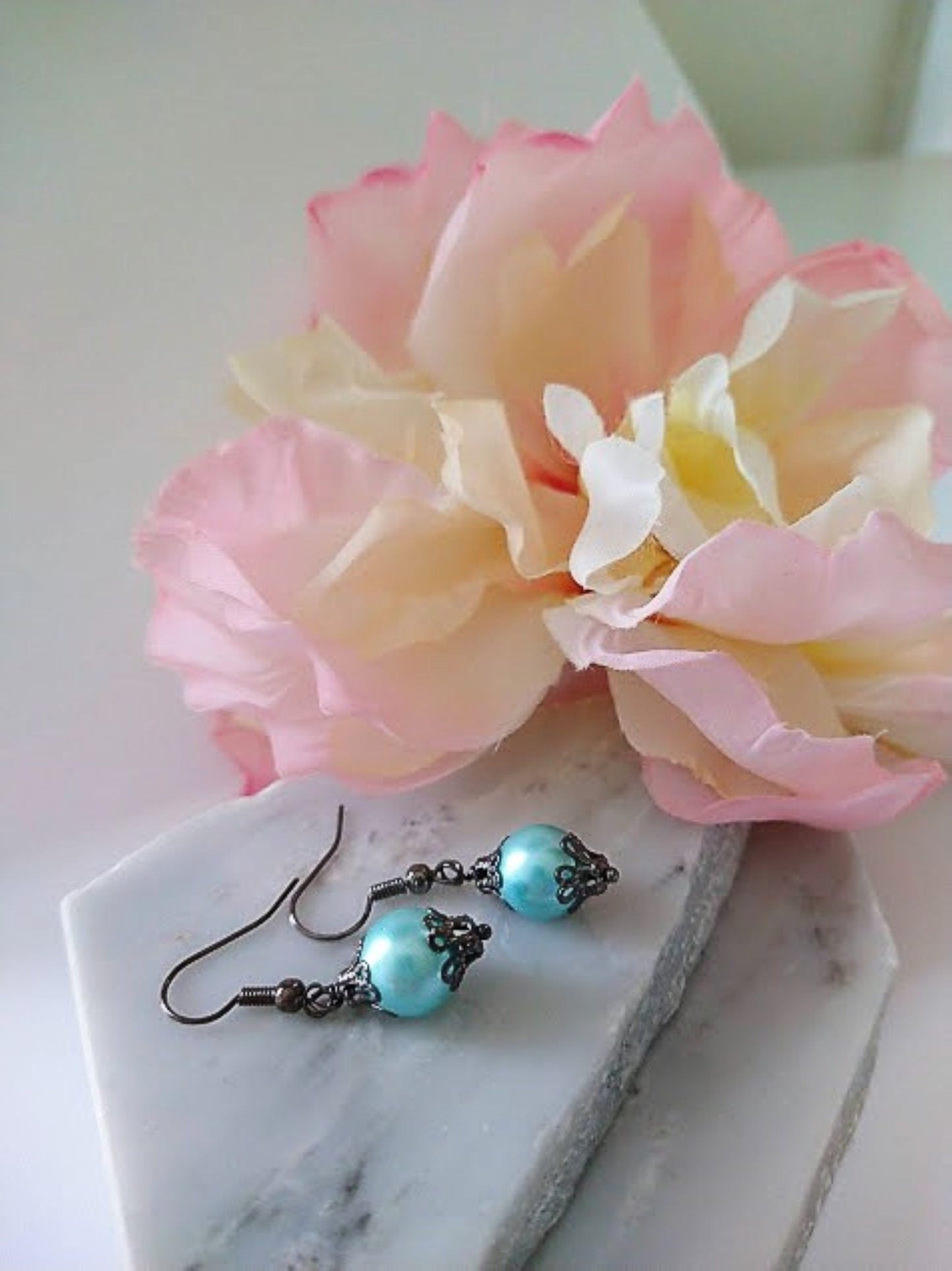 Light Blue Pearl Dangle Earrings: Gunmetal Gray, Hypoallergenic