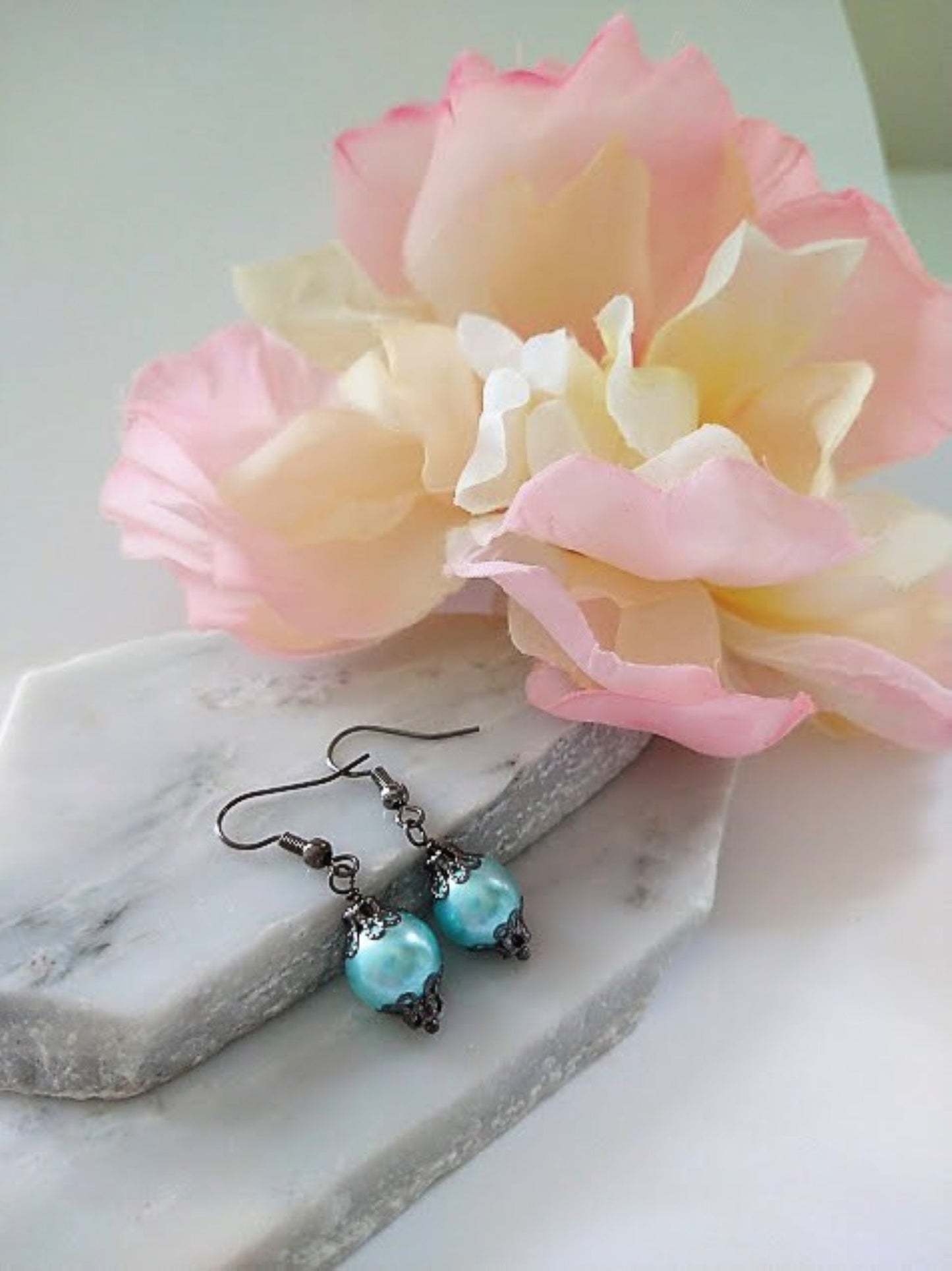 Light Blue Pearl Dangle Earrings: Gunmetal Gray, Hypoallergenic
