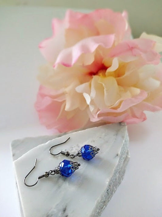 Blue Glass Dangle Earrings: Gunmetal Gray, Hypoallergenic