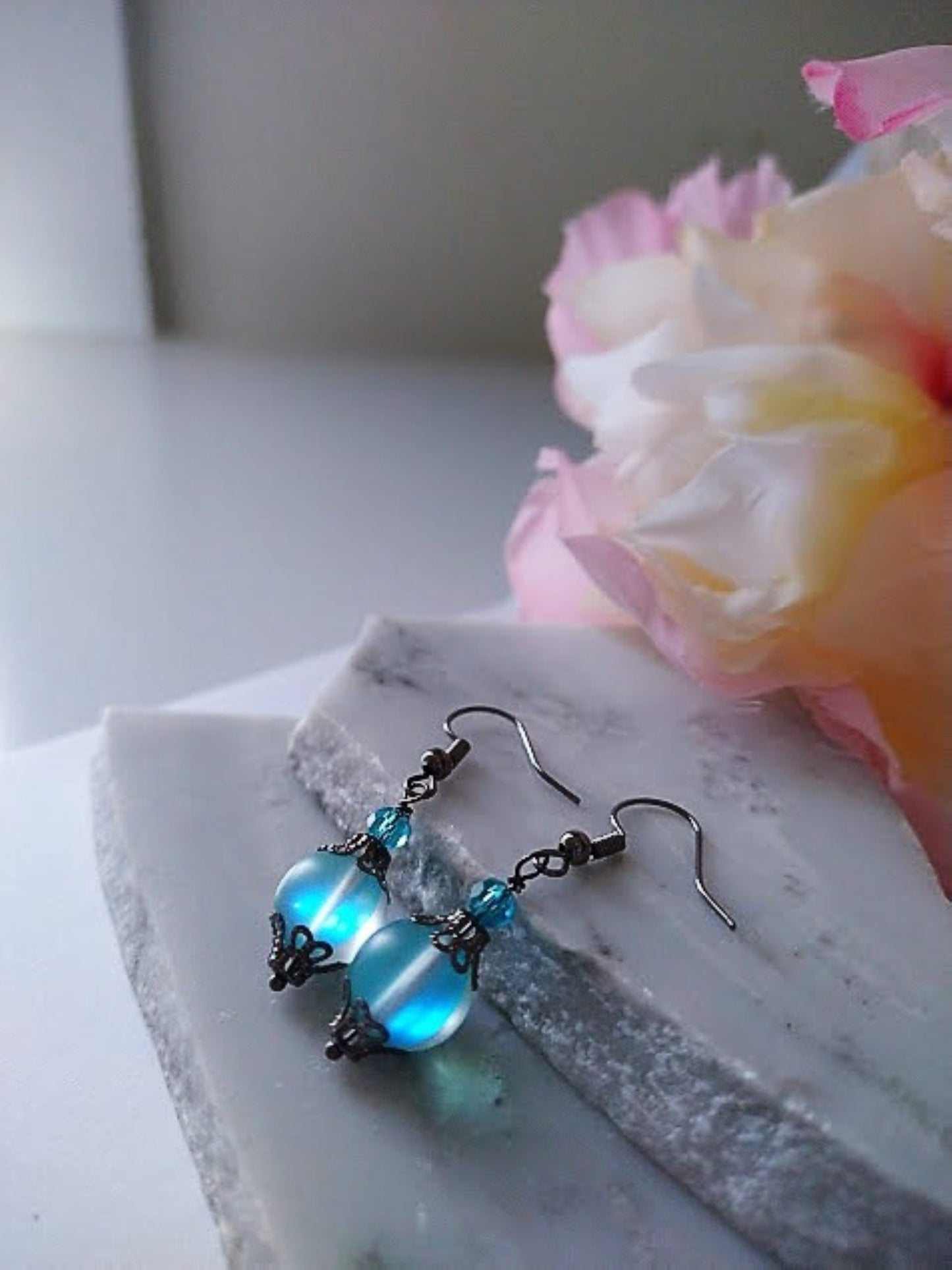 Glowing Blue Glass Dangle Earrings Gift For Her Dainty Earrings Minimalist Earrings Mermaid Glass Earrings Gemstone Jewelry