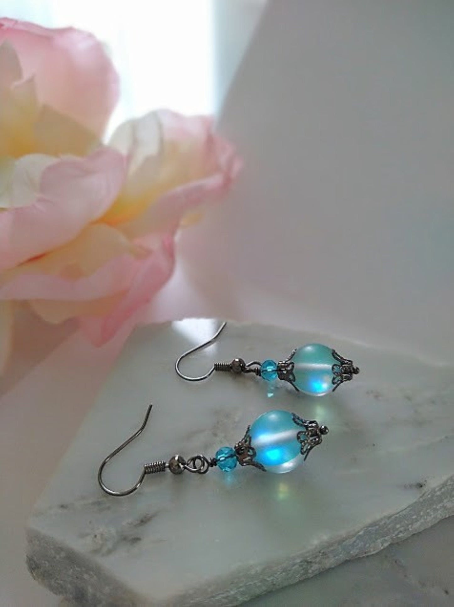 Blue Mermaid Glass Dangle Earrings: Gunmetal Gray, Hypoallergenic
