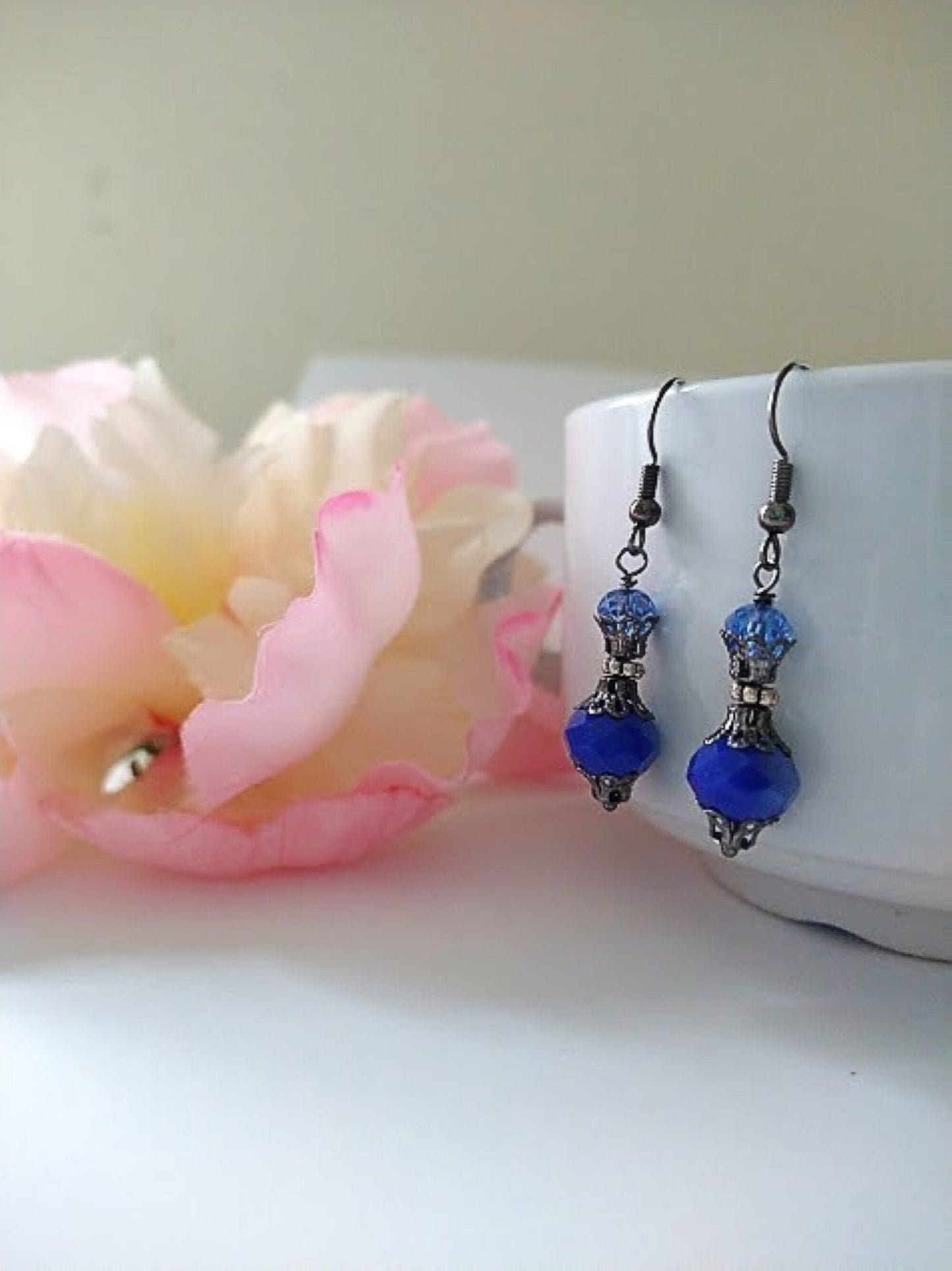 Vintage Navy Blue Glass Dangle Earrings: Gunmetal Gray Boho Jewelry