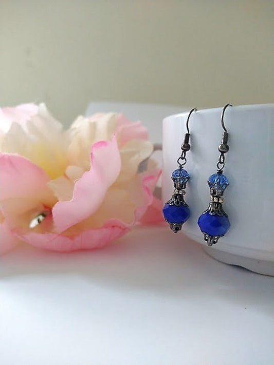 Vintage Navy Blue Glass Dangle Earrings: Gunmetal Gray Boho Jewelry